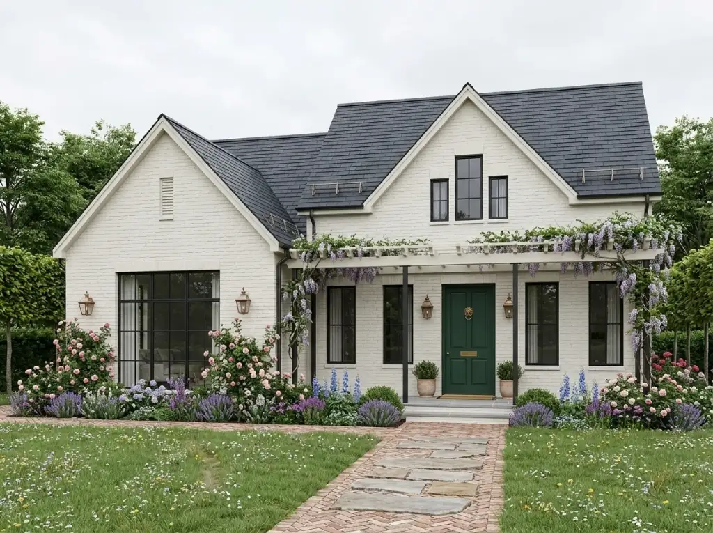 English cottage-style farmhouse with painted white brick, dark slate-look roof, green front door and a wisteria-draped pergola