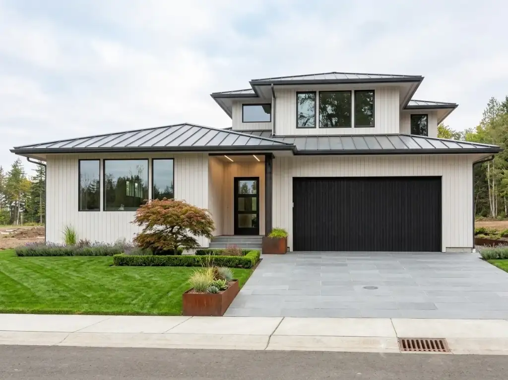 Plan 280263JWD in cream vertical siding with a dark standing-seam roof, a wood-lined recessed entry alcove and a bluestone paver driveway