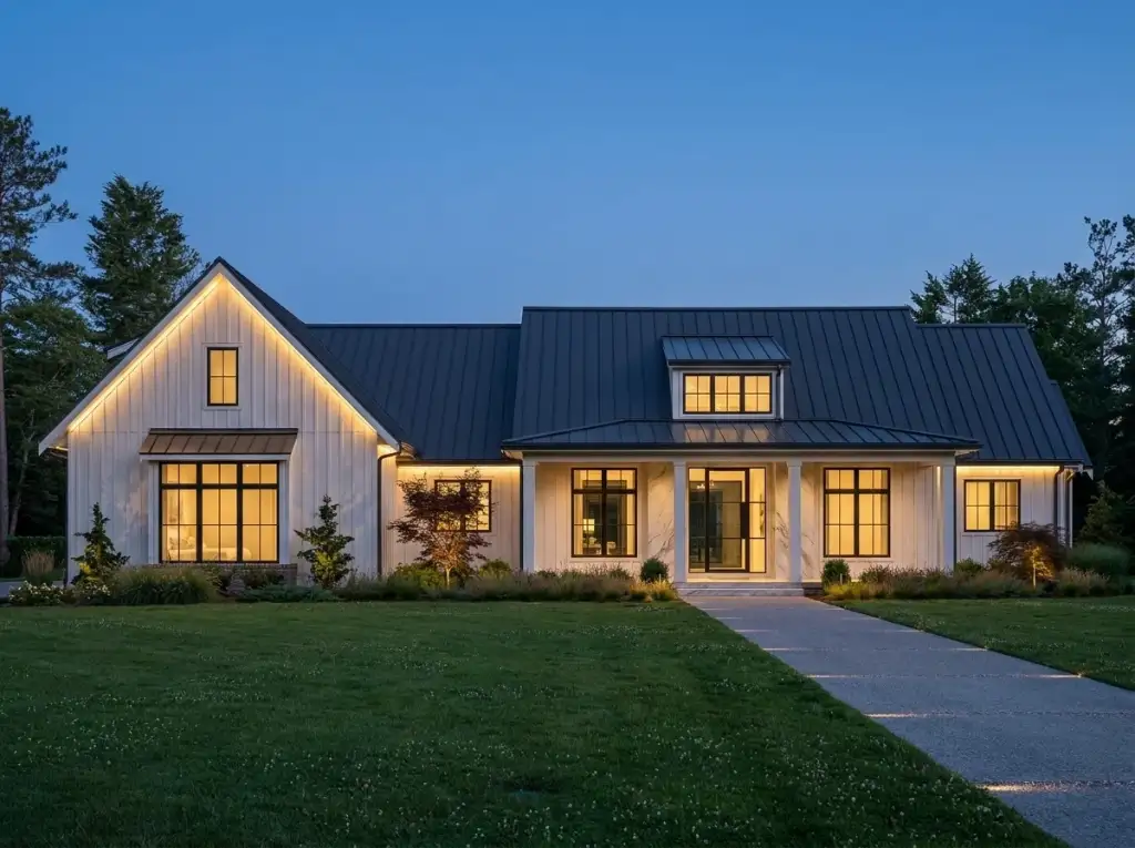 Modern farmhouse plan 270128AF in white board-and-batten with a charcoal standing-seam roof and a prairie meadow of native grasses at nightfall