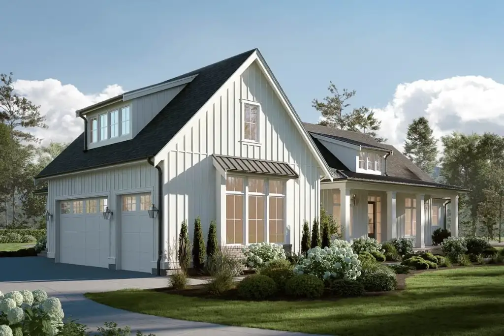 Front-left angle of plan 270128AF showing the 3-car garage wing with a gabled dormer and the great room window bank