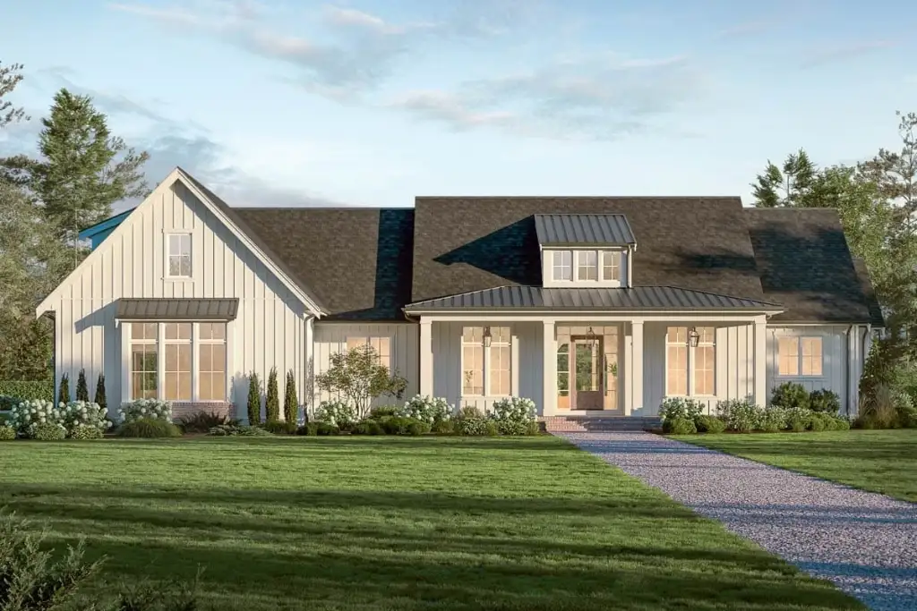 Front elevation of modern farmhouse plan 270128AF with white board-and-batten siding, twin gables, a central dormer and a covered porch