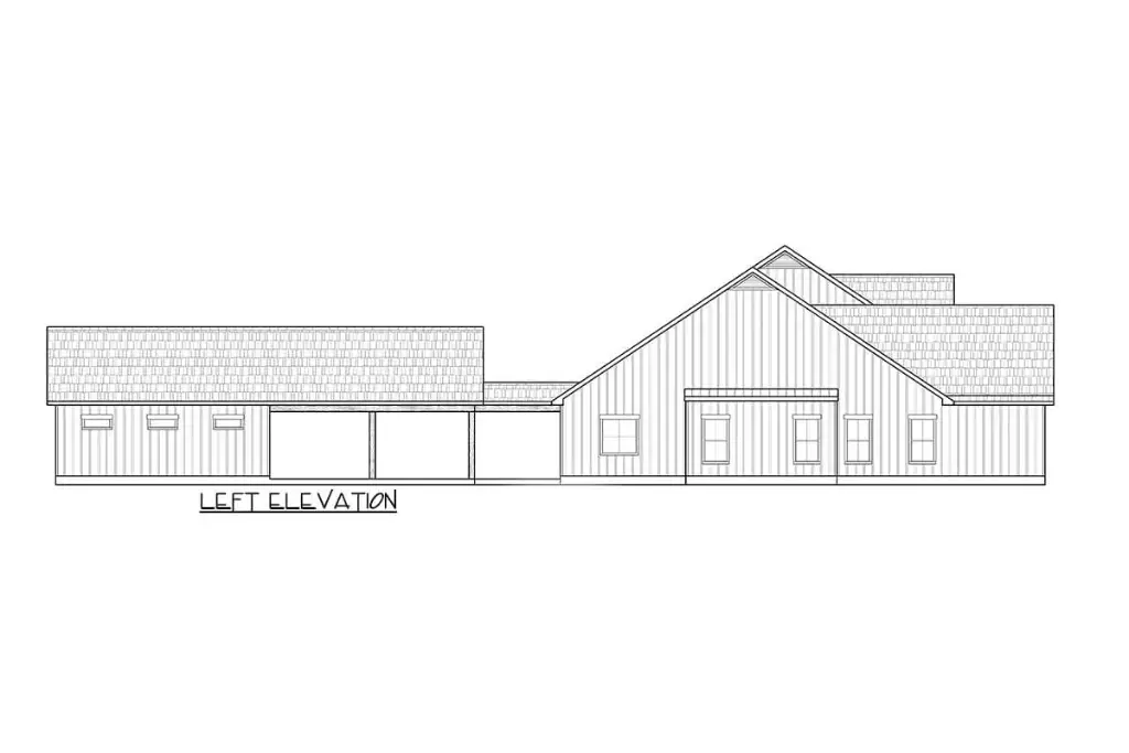 Left elevation drawing of plan 170019ADS showing the carport and workshop wing