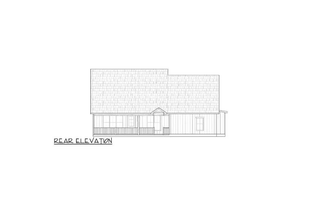 Rear elevation drawing of plan 170019ADS showing the covered rear porch