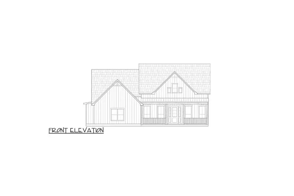 Front elevation drawing of modern farmhouse plan 170019ADS with twin front gables and covered porch