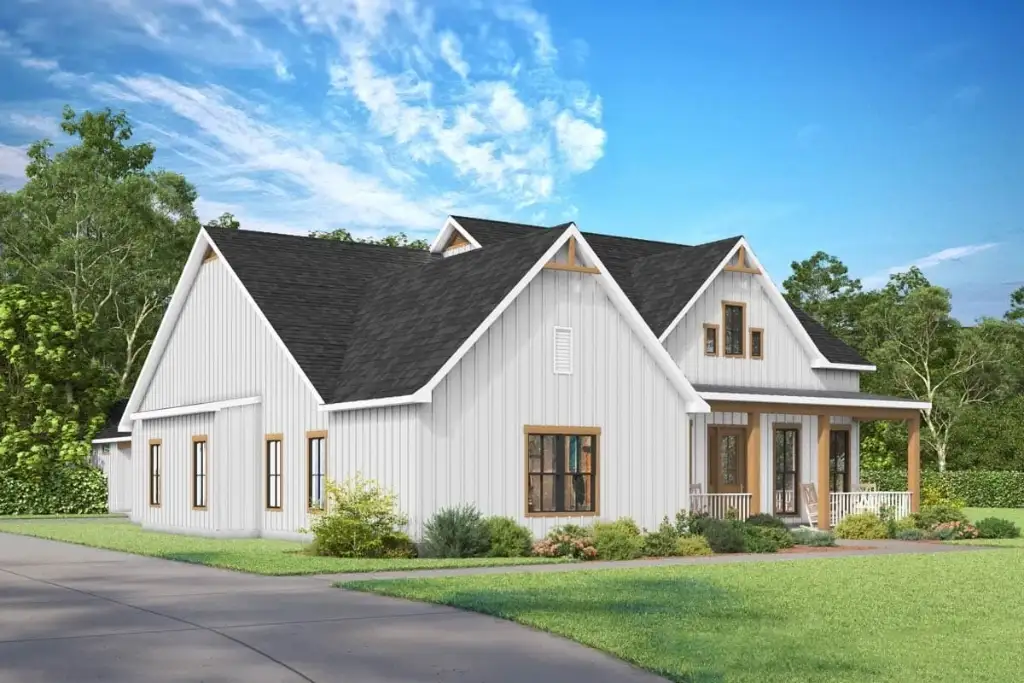 Angled rendering of plan 170019ADS showing the main house, covered porch and breezeway carport wing