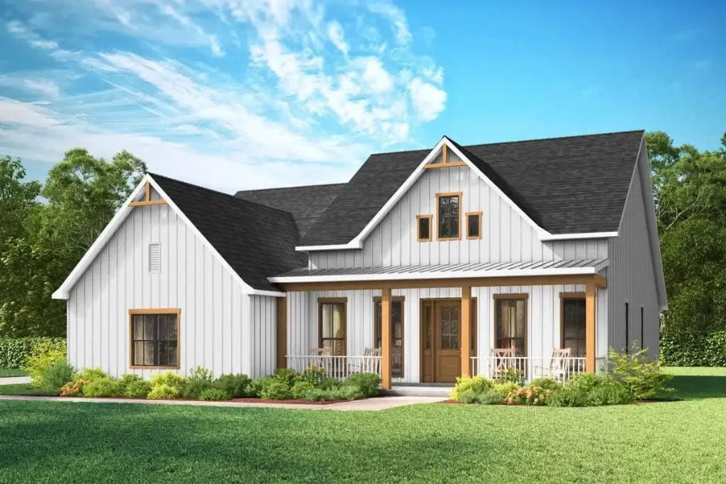 Modern farmhouse plan 170019ADS front rendering with white board-and-batten siding, black roof, covered porch and cedar-trimmed gables