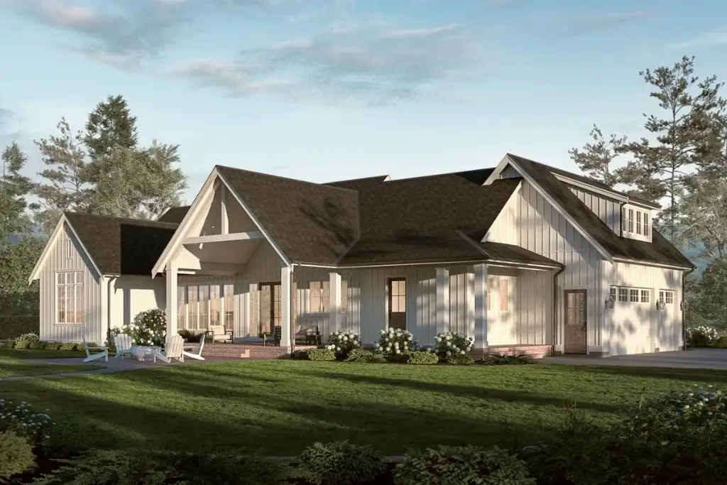 Rear-side view of plan 270128AF showing the covered rear patio with a vaulted ceiling and the primary suite gable