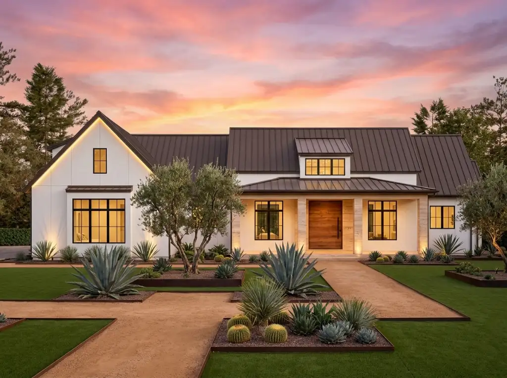 Plan 270128AF modern farmhouse with white board-and-batten, a covered porch and expansive outdoor living