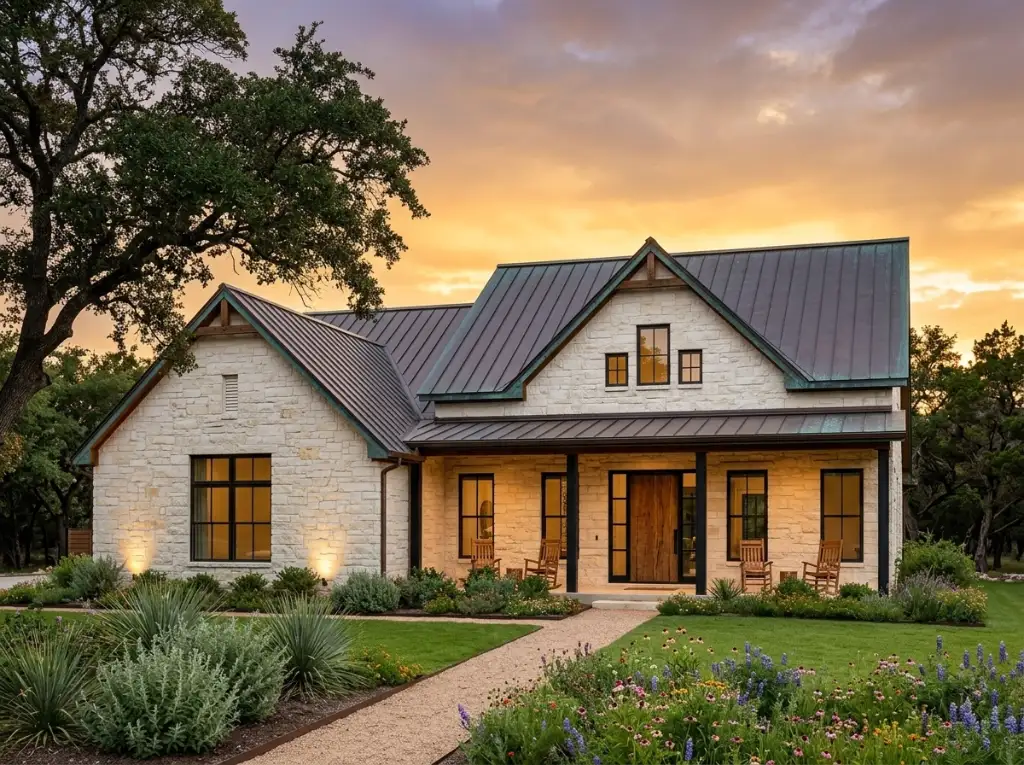Plan 170019ADS modern farmhouse with white board-and-batten, black roof, covered porch and detached workshop