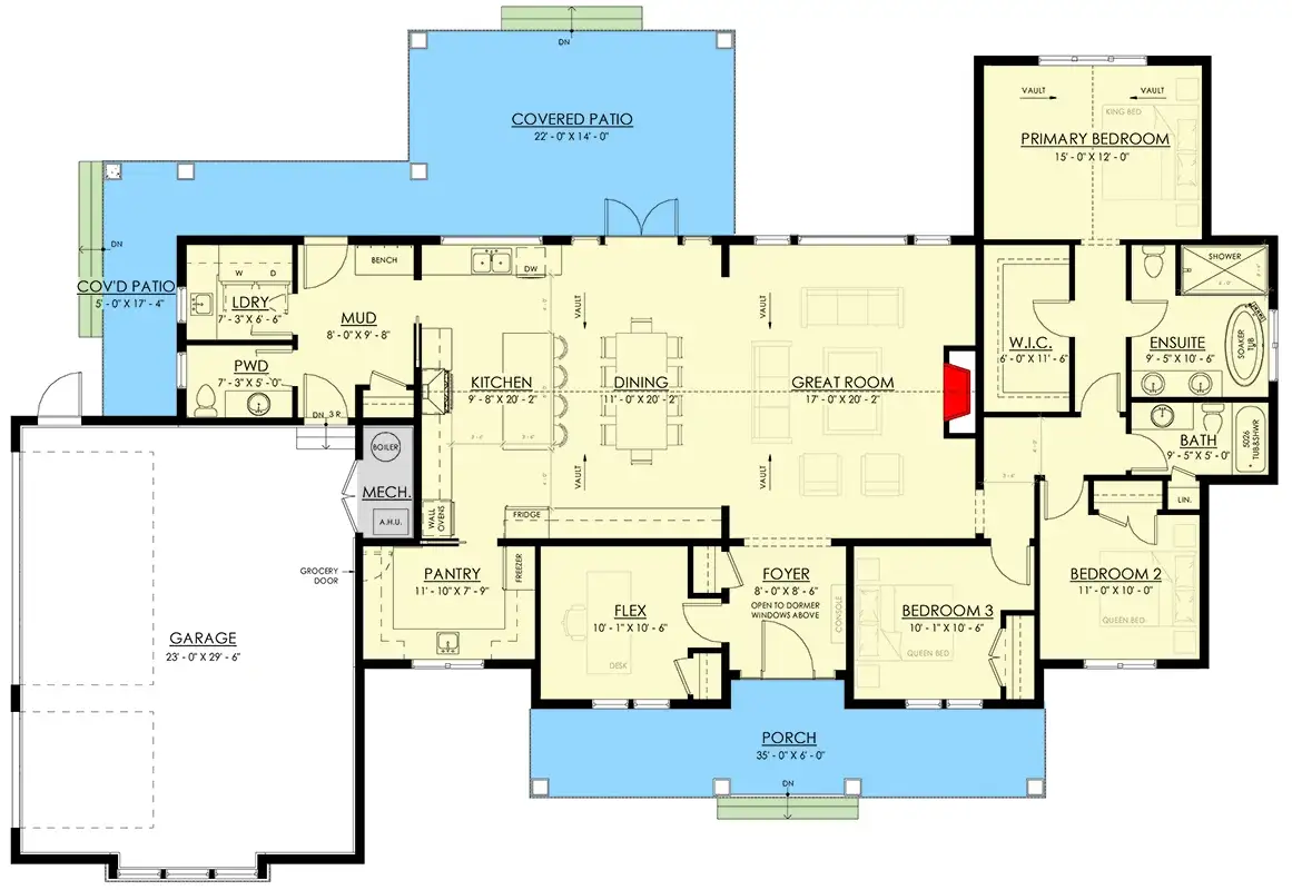 Plan 270128AF main floor plan: 2,248 sq ft single-story modern farmhouse with vaulted great room, island kitchen, walk-in scullery pantry, flex room, split primary suite, two secondary bedrooms, 3-car side garage and covered rear patio