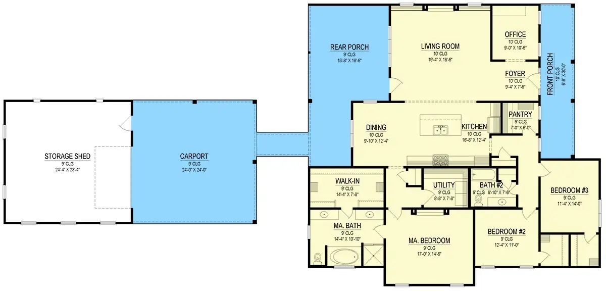 Plan 170019ADS main floor plan: 2,211 sq ft single-story modern farmhouse with great room, island kitchen, walk-in pantry, office, master wing, two secondary bedrooms, breezeway, 2-car carport and detached workshop
