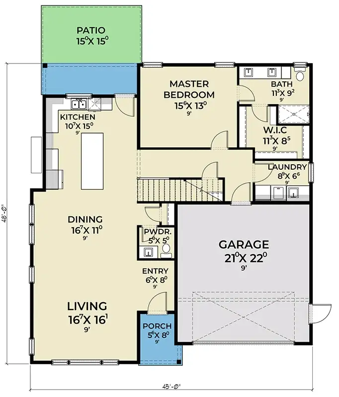 Plan 280263JWD main floor plan: 1,448 sq ft with a 16-foot living room, open dining, island kitchen, main-level master suite with walk-in closet, laundry, powder room and a 2-car front-entry garage