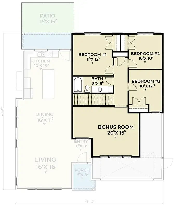 Plan 280263JWD second floor plan: 890 sq ft with three bedrooms, a shared full bath and a 20-by-15-foot bonus room stacked over the garage