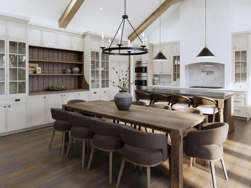 Open dining area with a reclaimed-wood table, wrought-iron ring chandelier and built-in hutches under a beamed ceiling