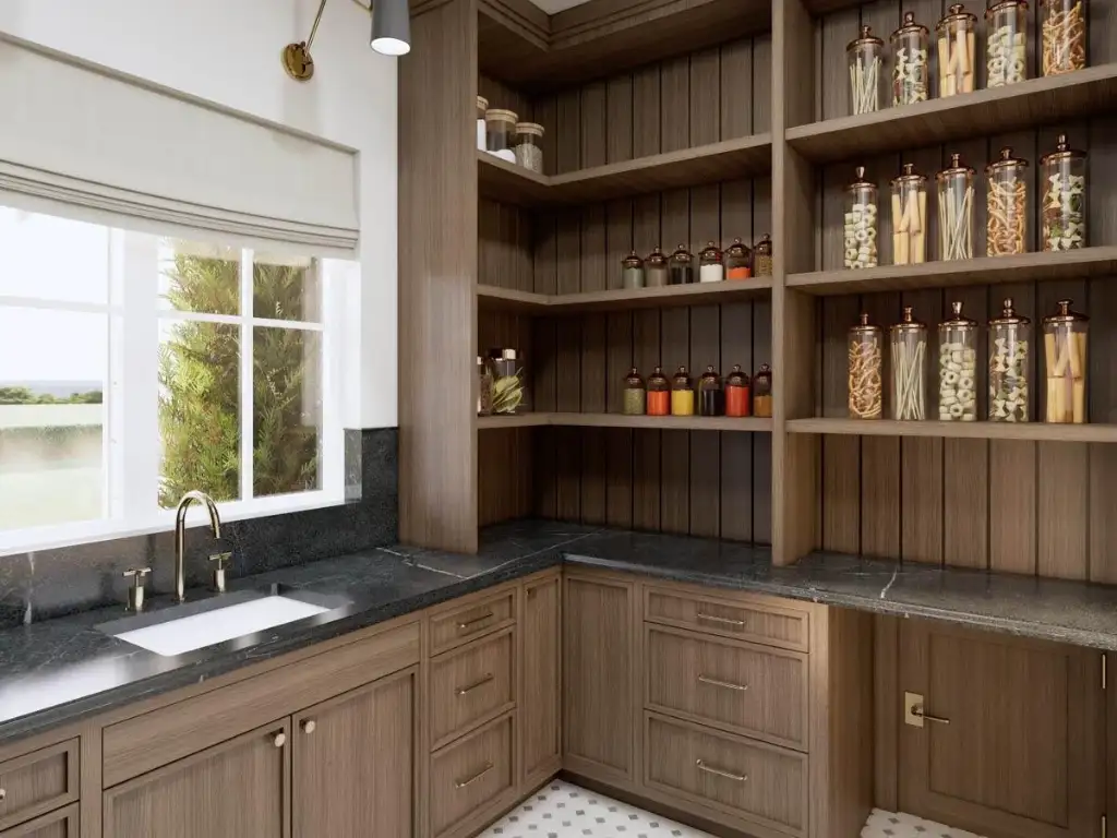 Walk-in scullery pantry with oak cabinetry, open shelving, a prep sink and soapstone counters