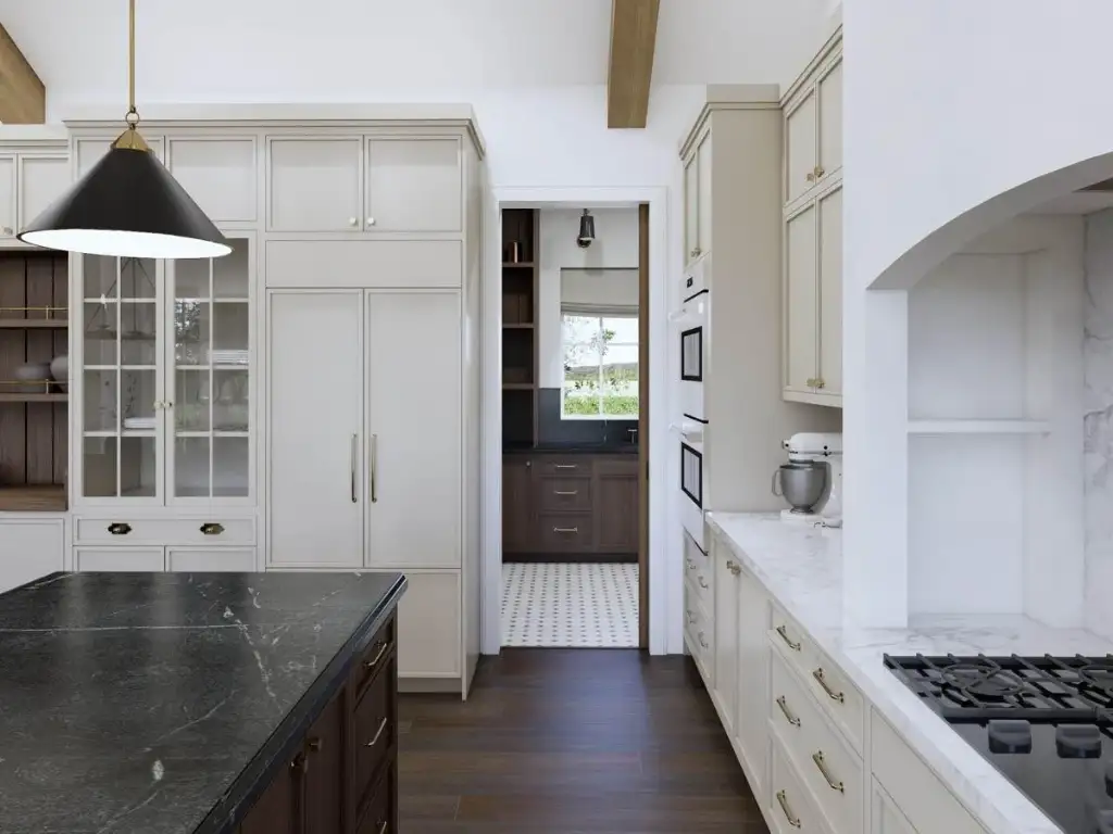 Kitchen in plan 270128AF with greige cabinetry, marble counters, a walnut island with soapstone top, wall ovens and a glass hutch