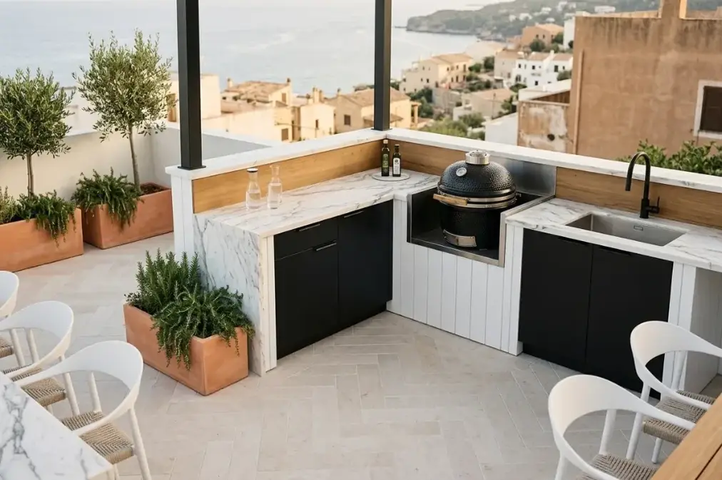 Crumbling rooftop slab transformed into a Mediterranean outdoor kitchen — before and after