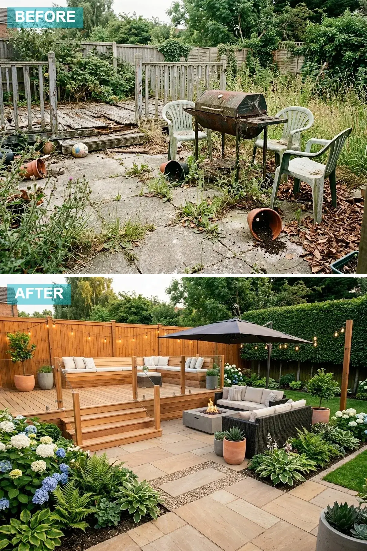 Warm modern backyard retreat with multi-level cedar deck, glass railings, flagstone fire pit patio and string lights