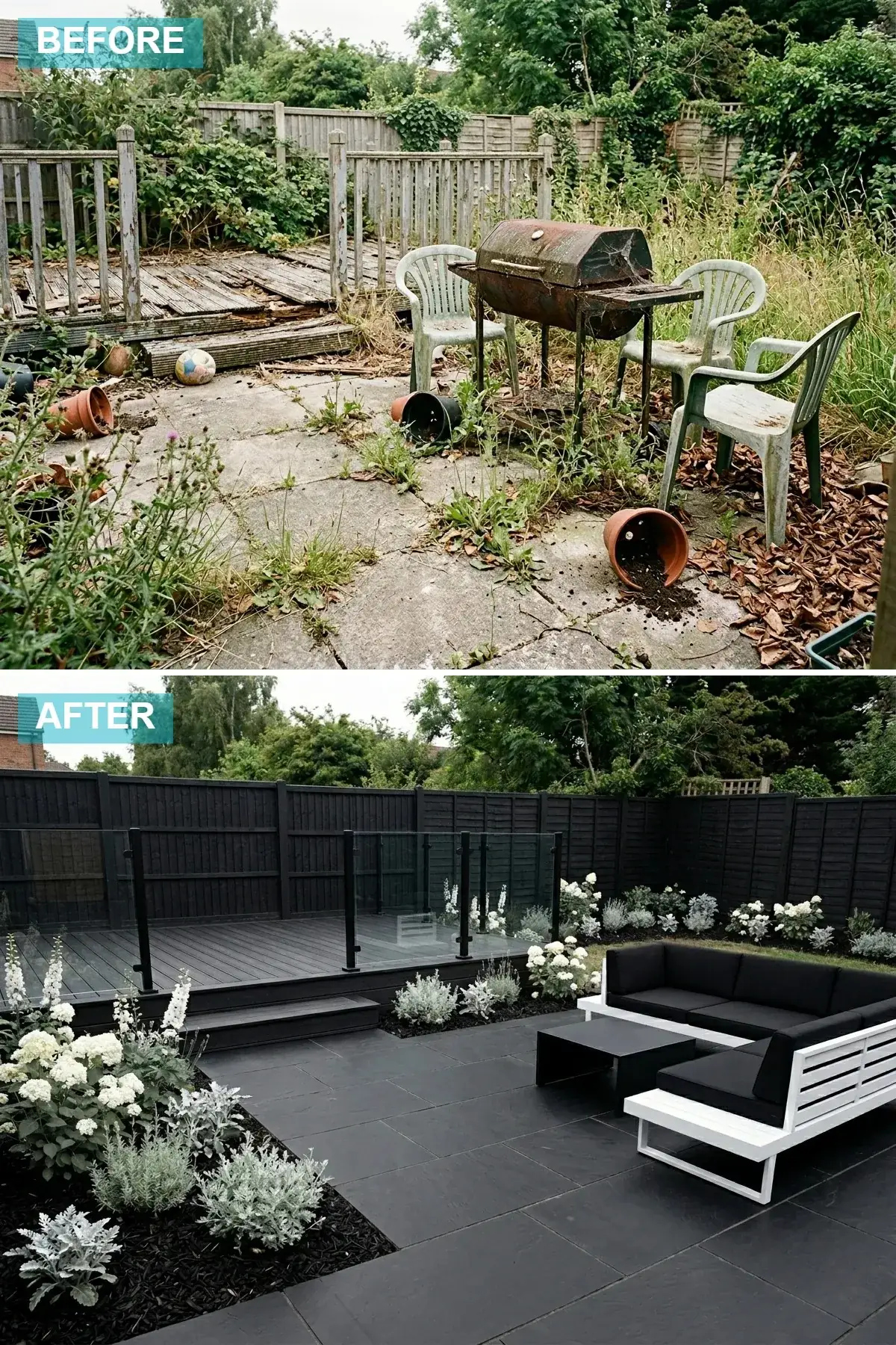 Monochrome backyard with black fence and composite deck, black slate patio, white sofa and silver-foliage planting