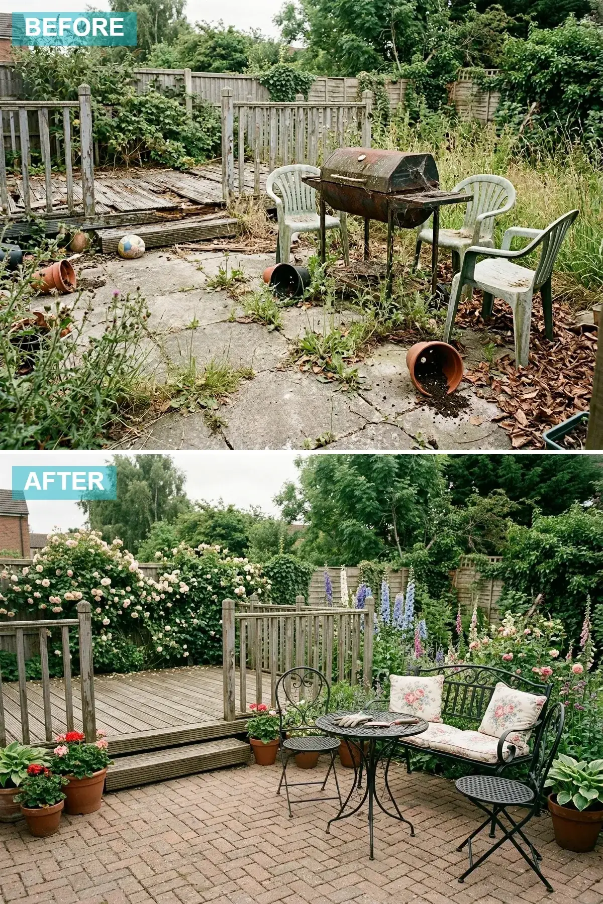 English country backyard with refurbished wood deck, red brick herringbone patio, wrought-iron bistro set and climbing roses