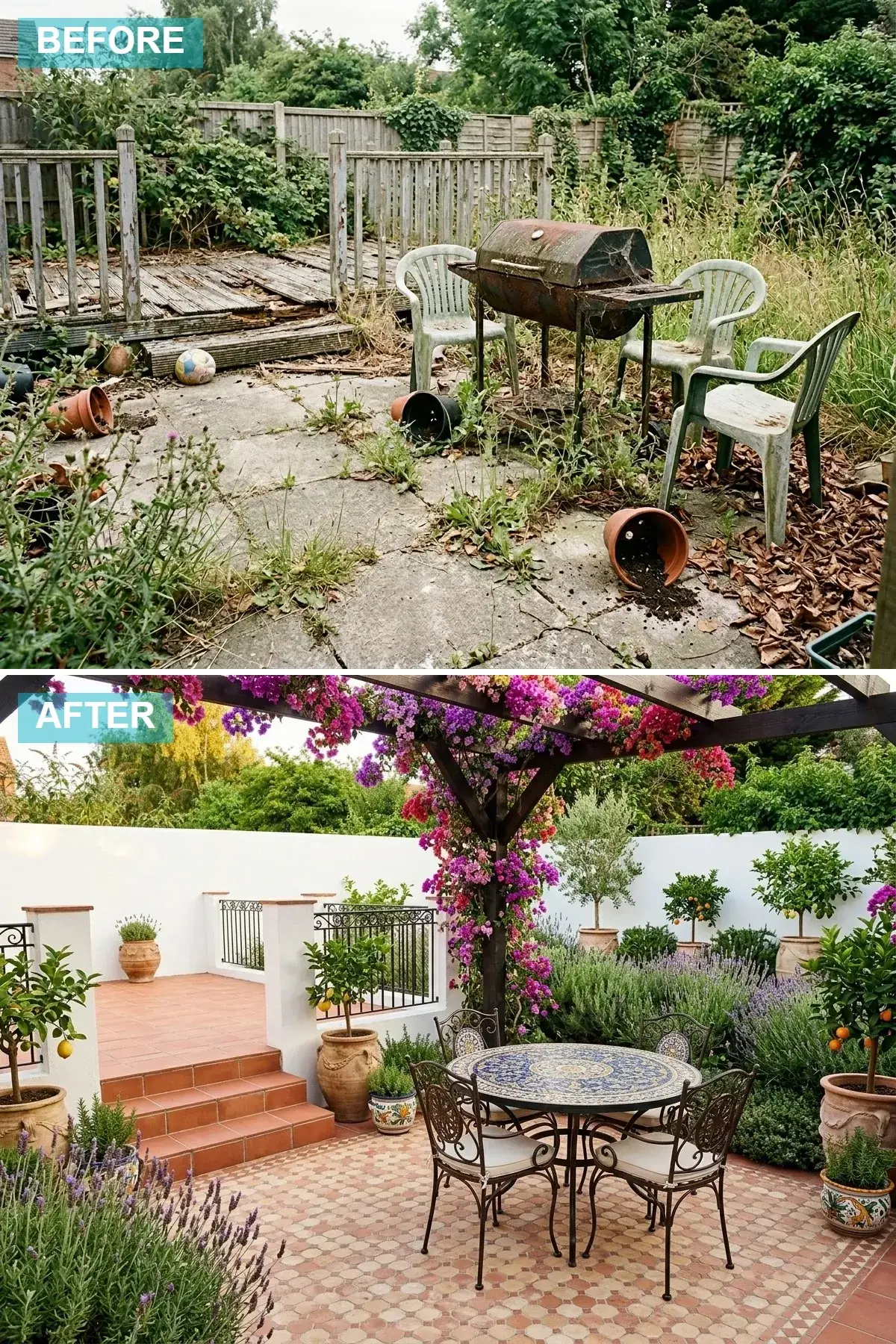 Mediterranean backyard with terracotta tiled patio, white stucco wall, dark wood pergola and bougainvillea