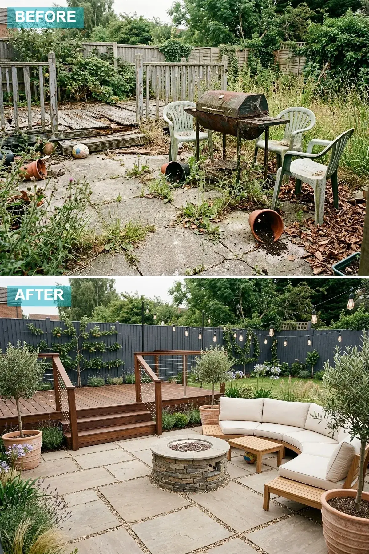 Contemporary backyard lounge with dark grey fence, dark wood deck, cable railing, curved modular sofa and stone fire pit