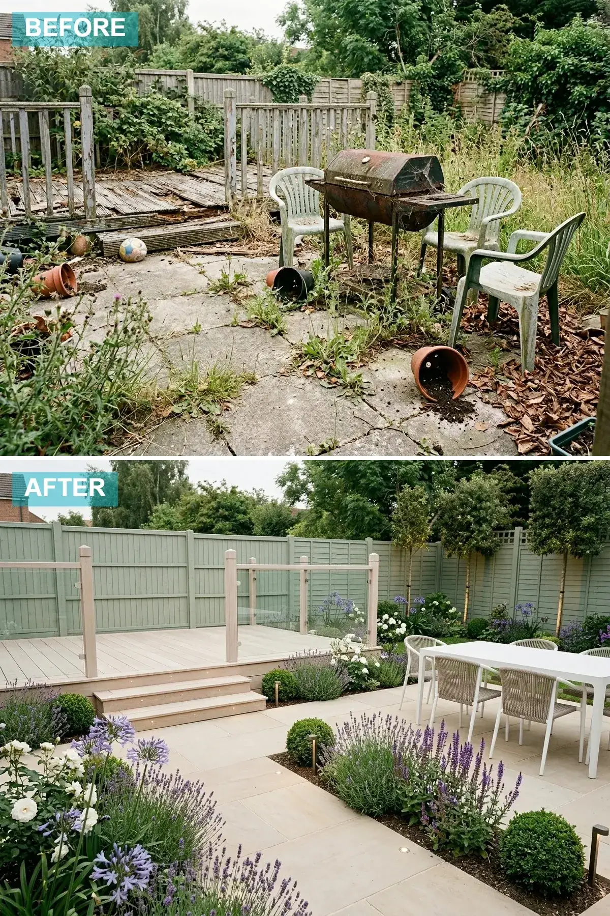 Modern cottage backyard with soft sage green fence, light wood deck, pale paving and white dining set with lavender planting