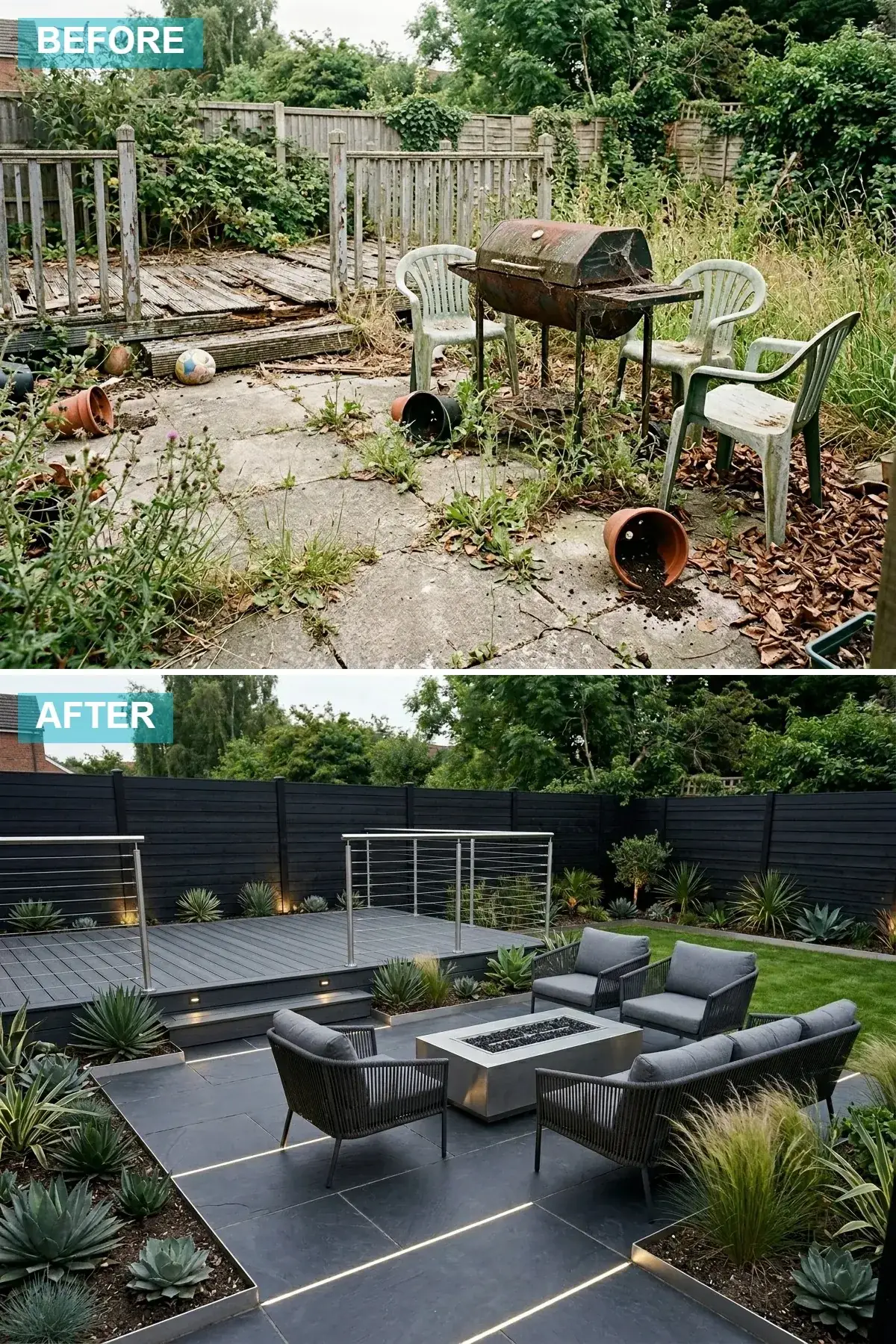 Minimalist backyard with black fence, dark grey composite deck, slate tiles with LED strip lighting and a metal fire table