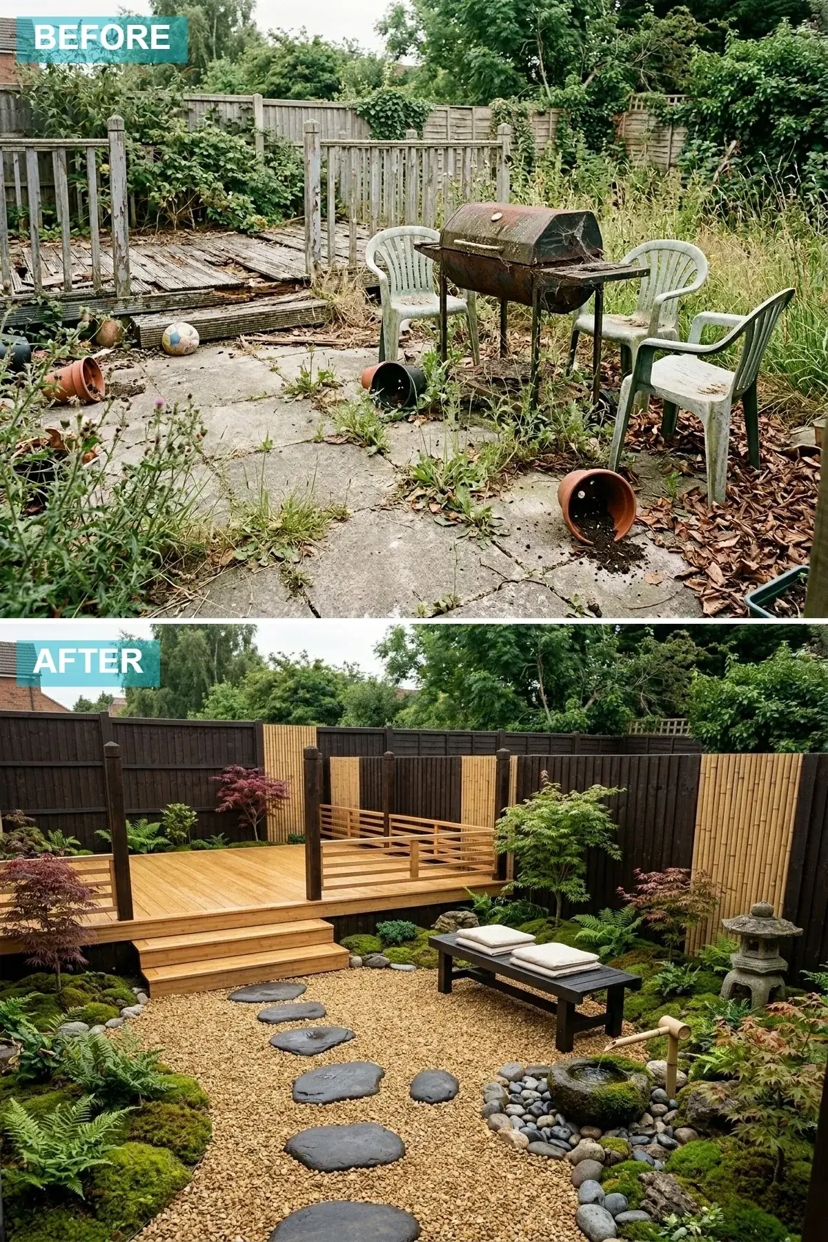 Japanese zen backyard with two-tone fence, light wood deck, gravel garden, stepping stones, bamboo fountain and Japanese maple
