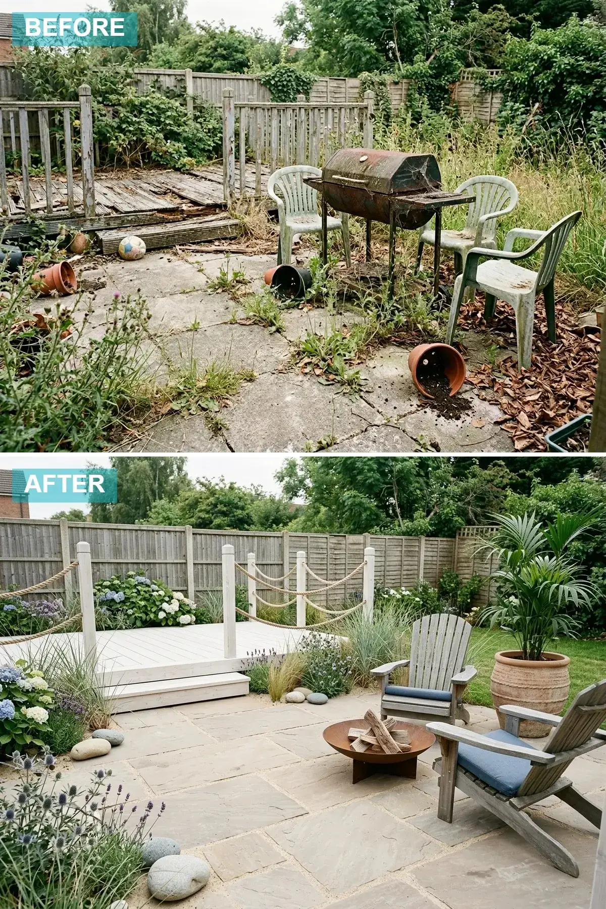 Coastal backyard with white-washed deck, rope railings, sandstone patio, weathered Adirondack chairs and ornamental grasses