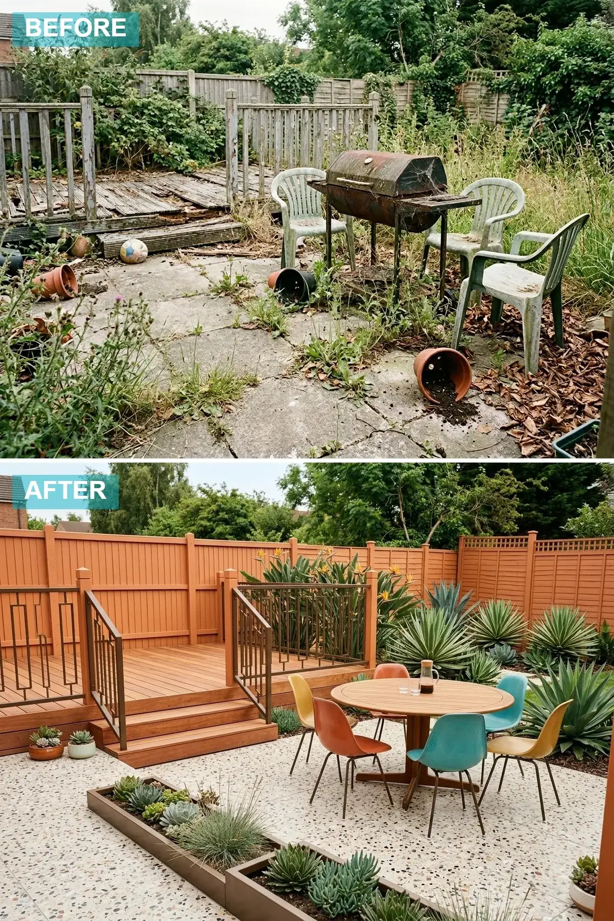 Mid-century modern backyard with terracotta-painted fence and deck, speckled terrazzo patio, Eames-style chairs and built-in planters