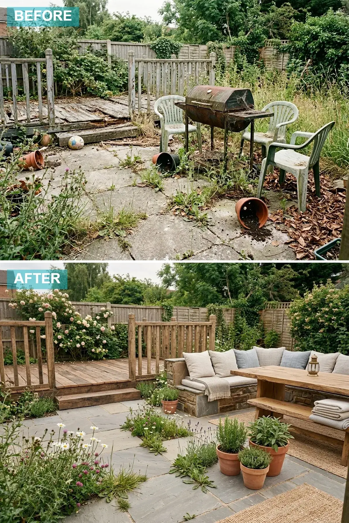 Rustic cottage backyard with reclaimed wood deck and pergola, stone-clad built-in bench, slate patio and abundant flowers