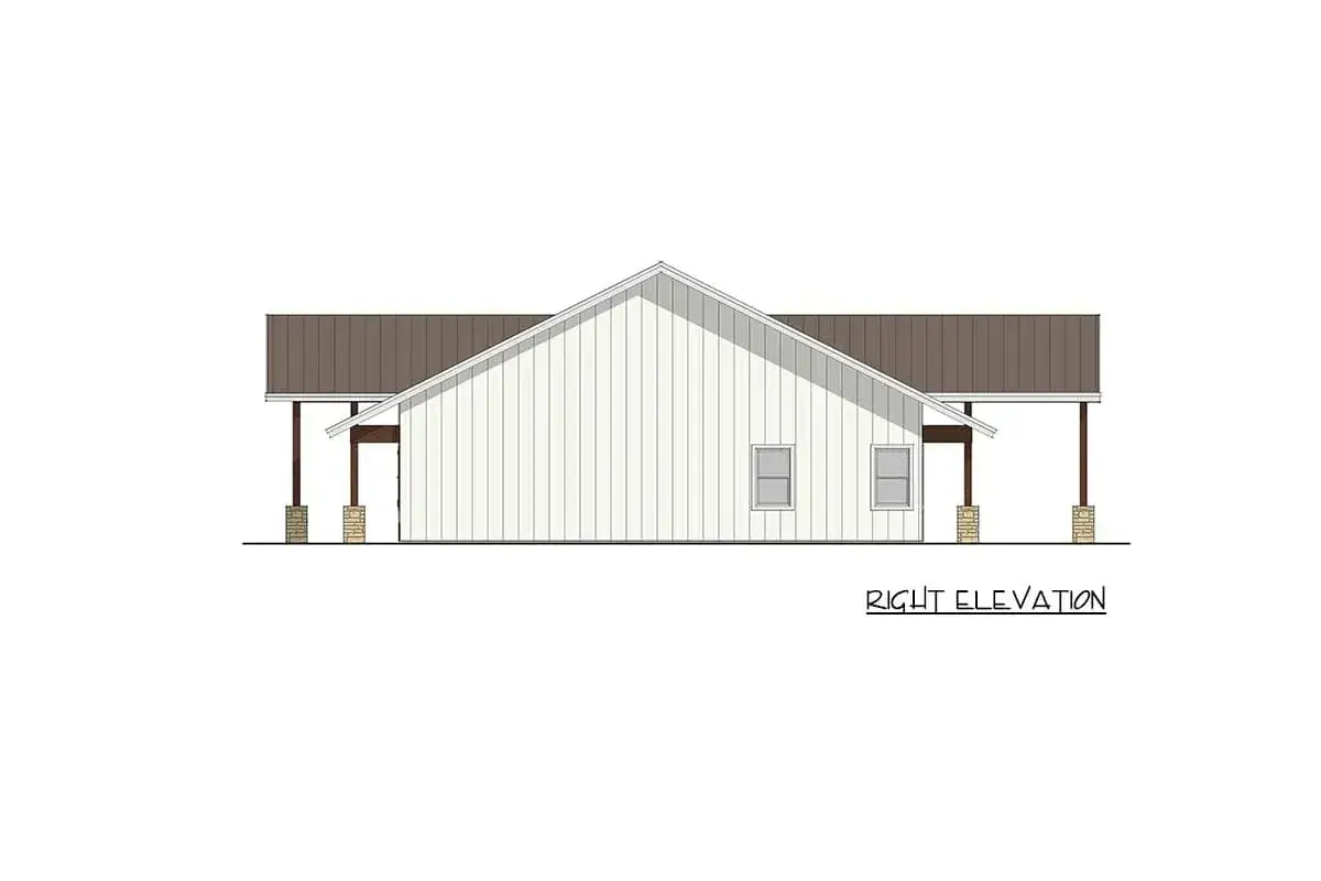 Plan 405160FDC front elevation — modern barndominium with vertical board-and-batten siding, dark standing-seam metal roof, prominent timber-framed gable porch with exposed trusses, and stone veneer column bases