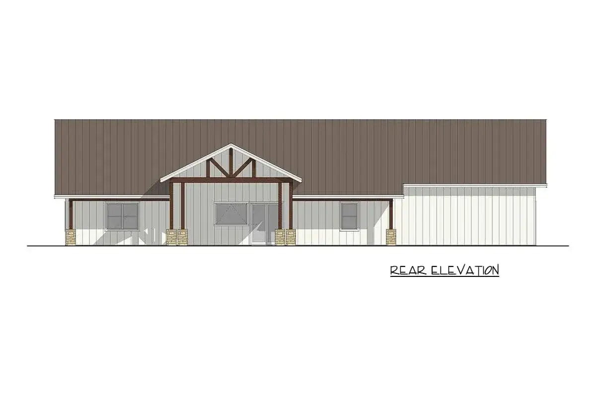 Three-quarter view showing the single-story massing, side-entry garage configuration, and unbroken front facade