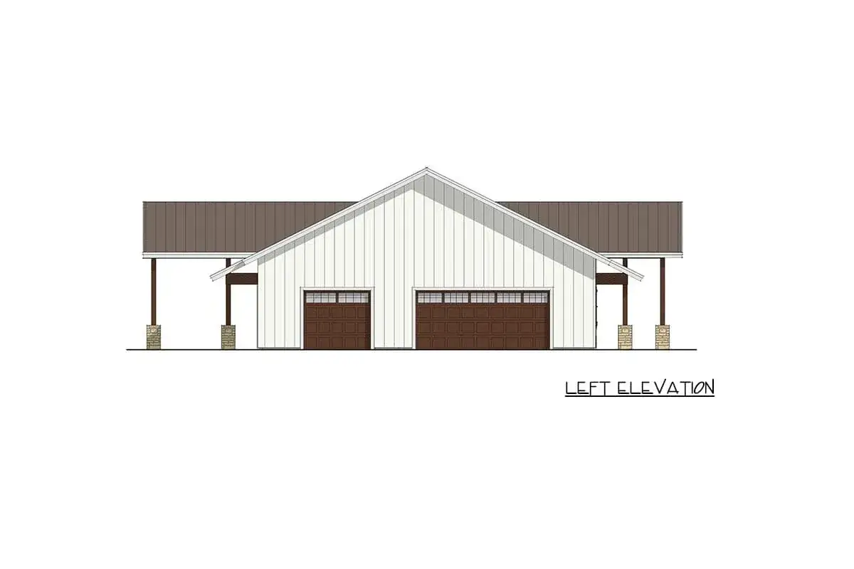 Side elevation showing the in-law suite's separate exterior entrance and the side-loading 3-car garage doors