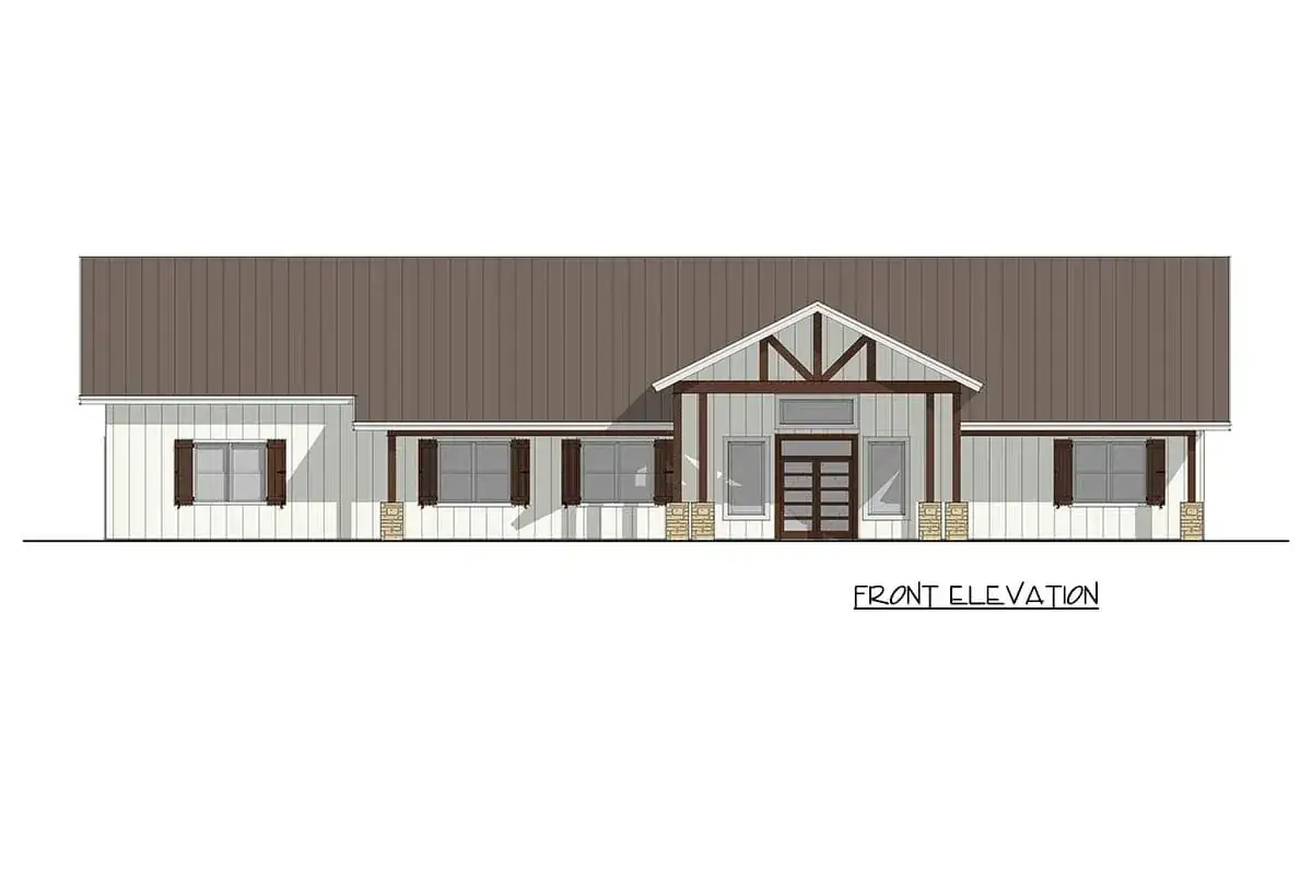 Rear elevation showing the covered patio accessible from the main great room and the in-law suite's private exterior access