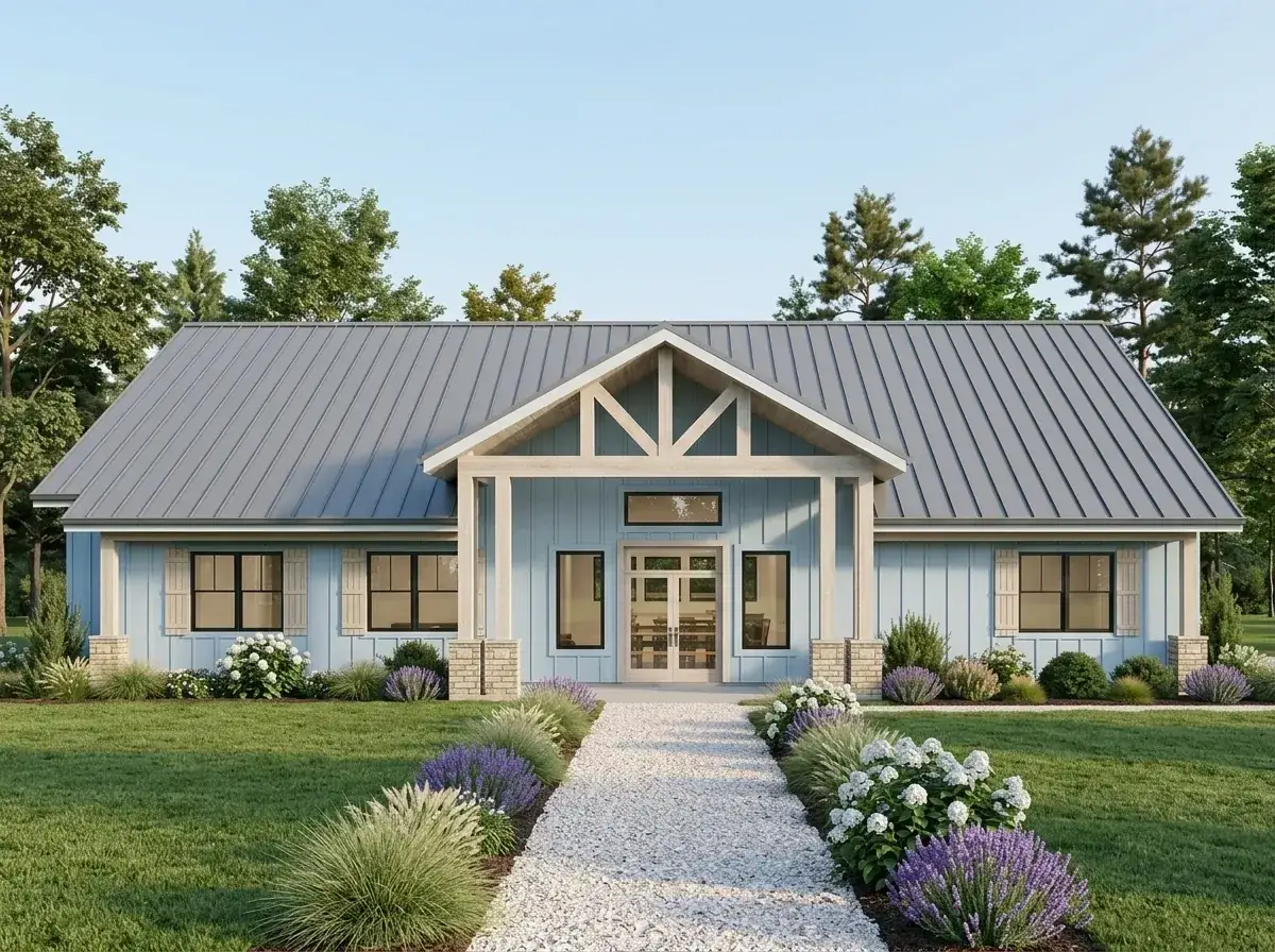 Coastal Farmhouse facade — soft blue vertical siding, crisp white trim, natural wood porch columns and trusses, grey metal roof, white gravel pathway with hydrangea and lavender beds