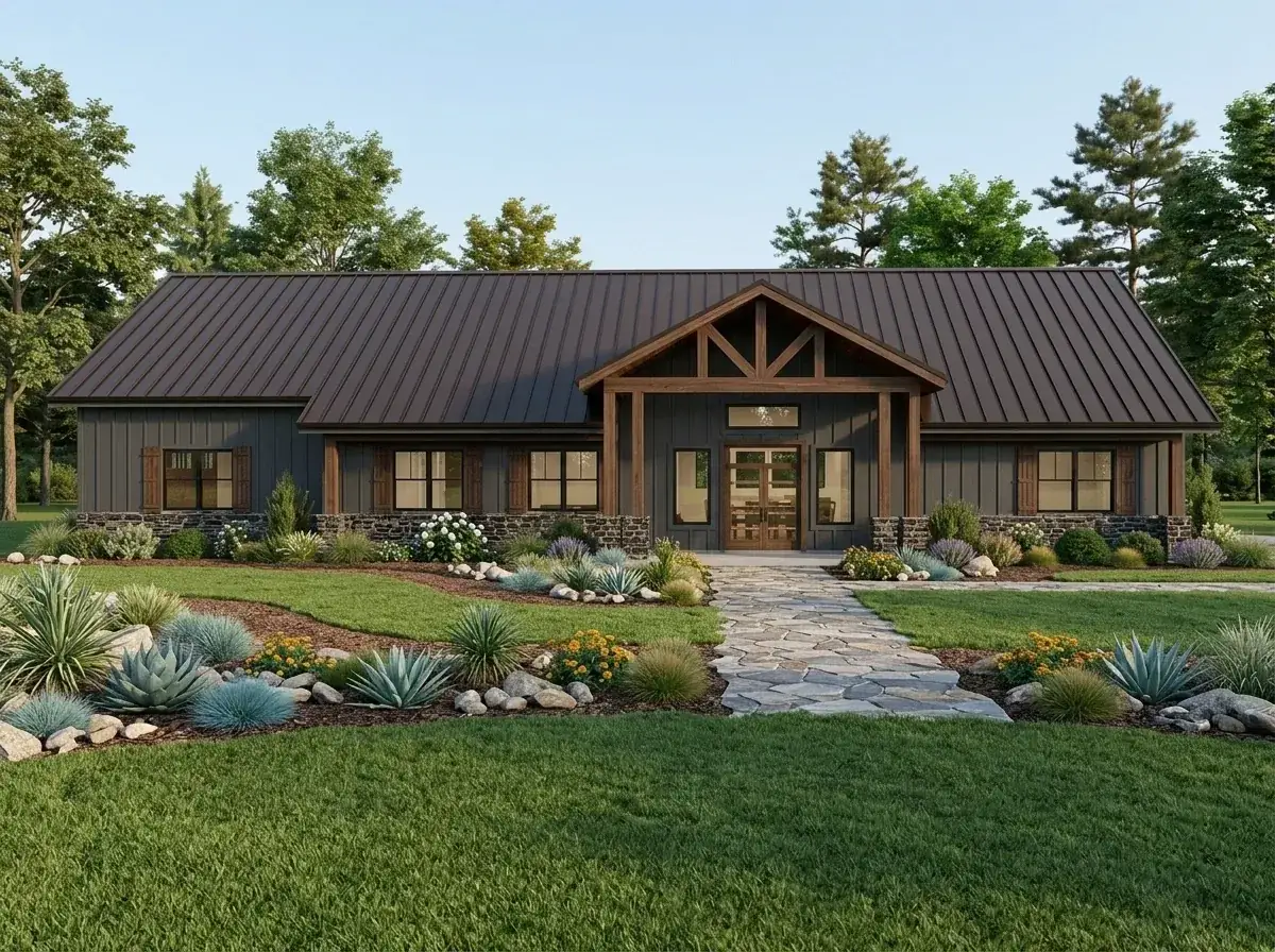 Rustic Craftsman facade — dark grey siding with extensive stone veneer base, dark-stained timber framing, dark metal roof, large natural stones and agave drought-tolerant planting