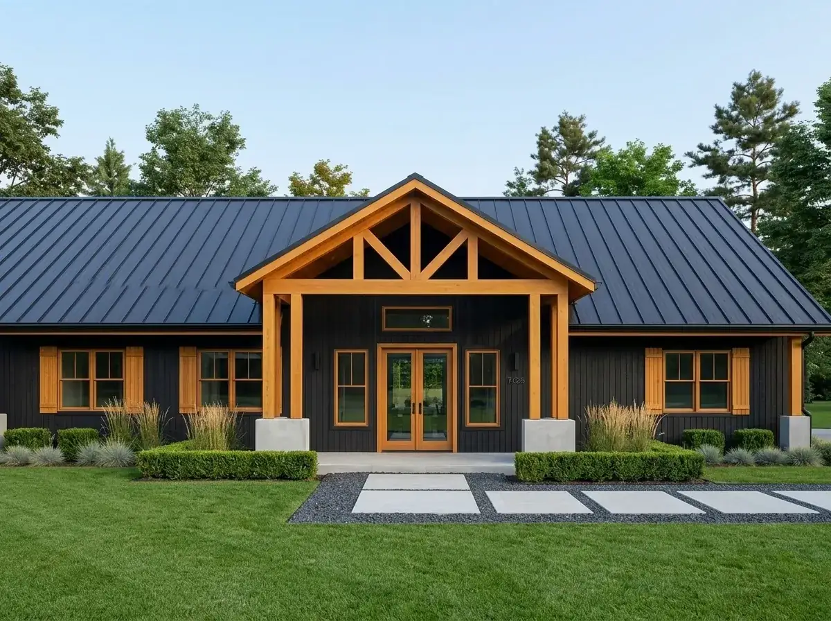 Modern Scandinavian Barn facade — stark black vertical siding, natural light-wood timber porch framing and window trim, dark metal roof, large concrete pavers in grey gravel