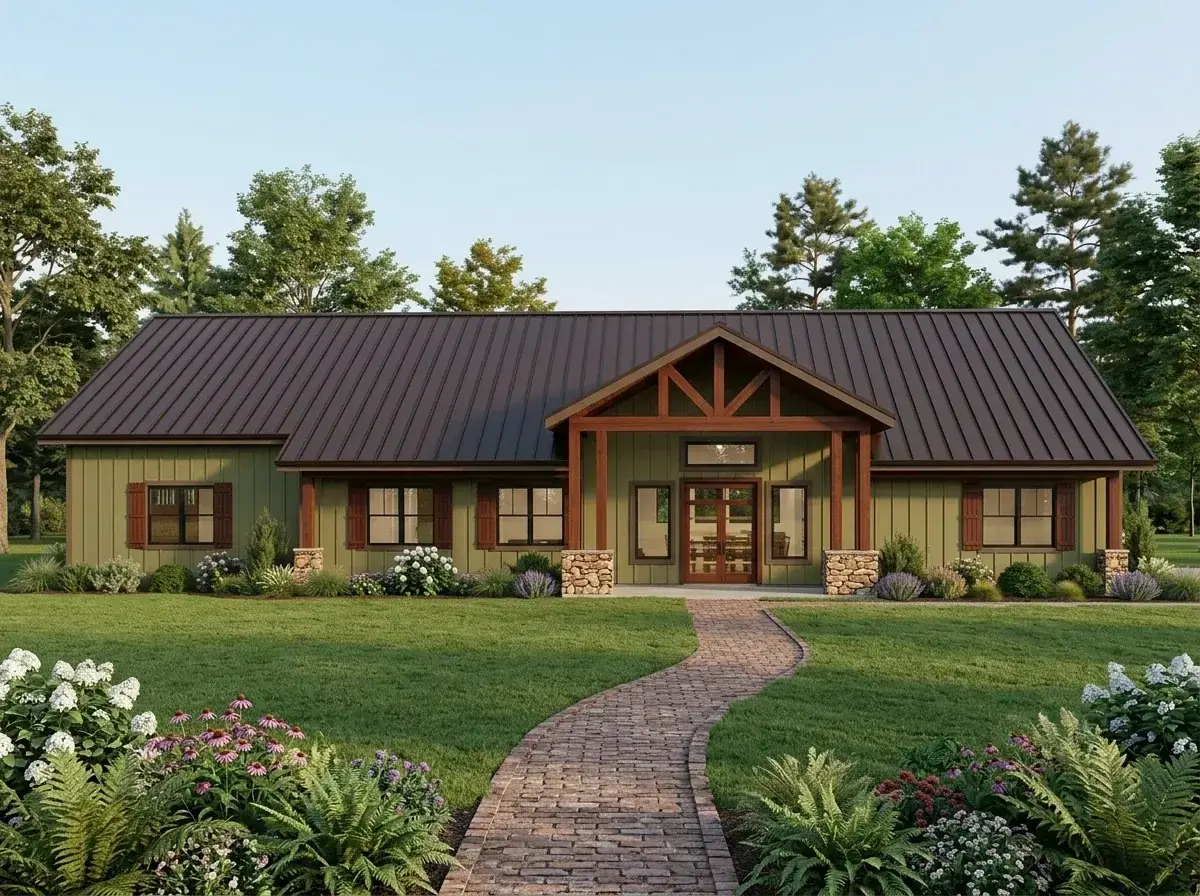Country Farmhouse facade — olive green siding, dark wood shutters and trim, stone veneer column bases, dark metal roof, curved brick pathway with fern and purple coneflower beds