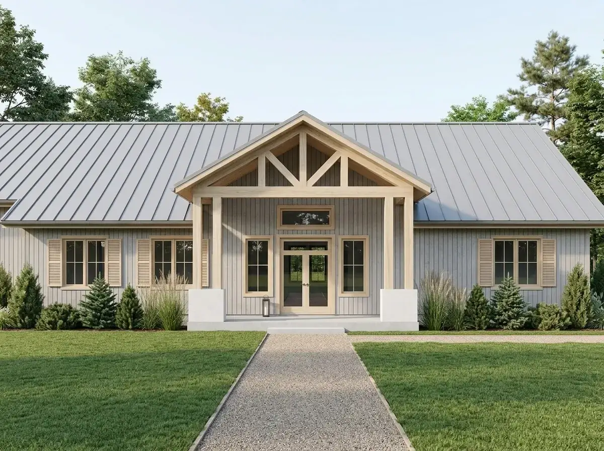 Modern Minimalist Farmhouse facade — very light grey vertical siding, light-toned natural wood timbers, light grey metal roof, simple gravel path with structured conical evergreens and tall grasses