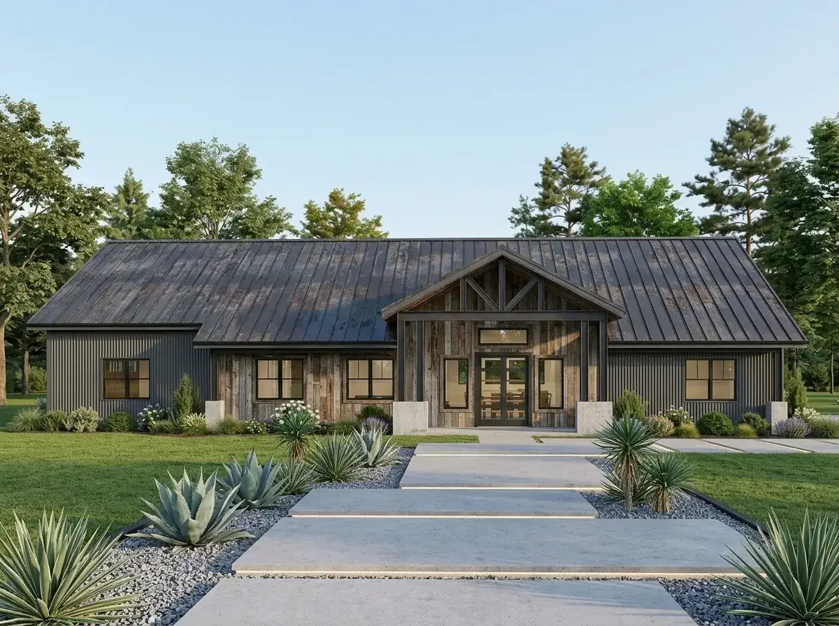 Industrial Rustic facade — dark grey vertical metal siding on the main body contrasted with weathered wood siding on the central gable section, dark metal roof, concrete slab pathway with integrated lighting and large agave plants