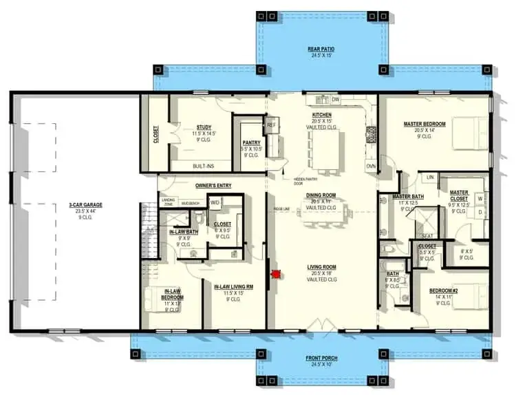 Plan 405160FDC main floor — 2,910 sqft single-story modern barndominium with split-bedroom layout, central open-concept great room with vaulted ceiling, master suite on the right wing with closet-to-laundry connection, in-law suite with separate entrance on the left wing near the 3-car garage, plus a third bedroom, study, and mudroom