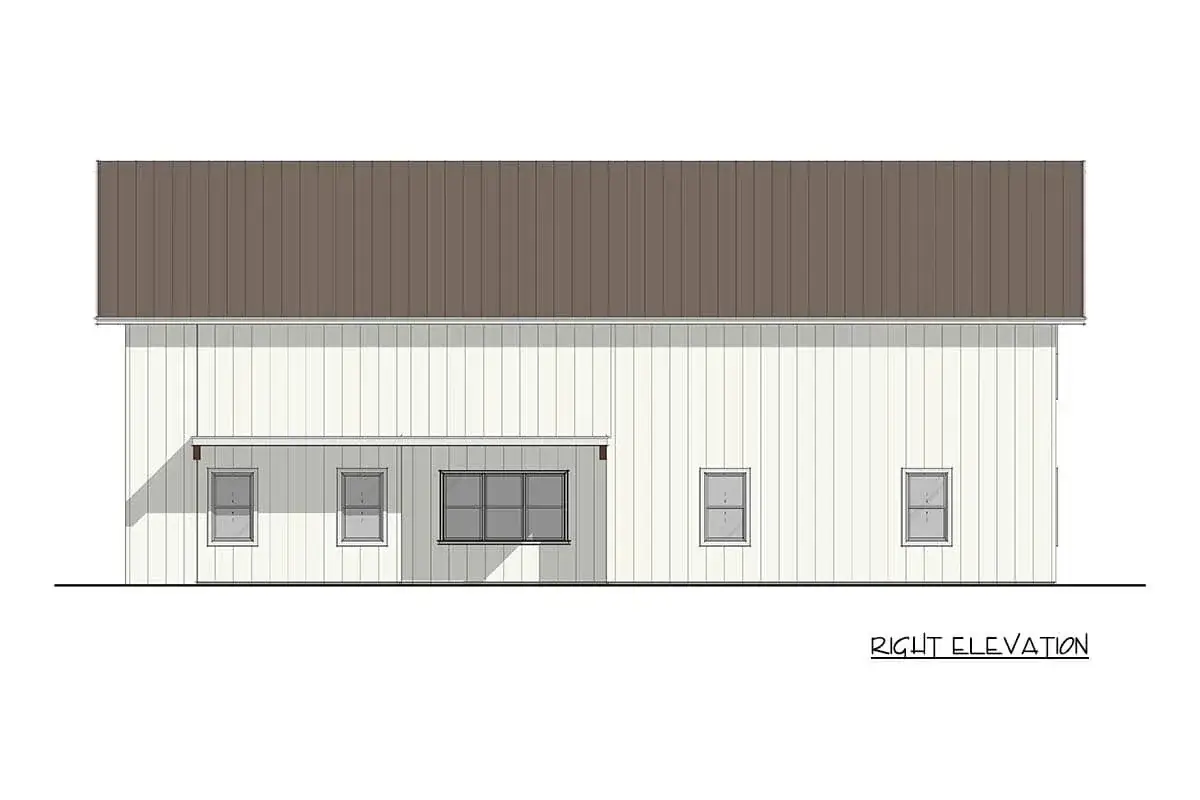 Front exterior of the barndominium with vertical board-and-batten siding, high-pitched gable, metal roof, and covered porch with wood timber posts