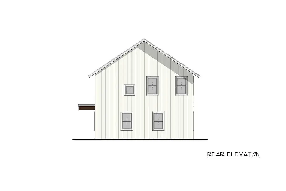 Side elevation showing the long rectangular footprint and clean gabled form