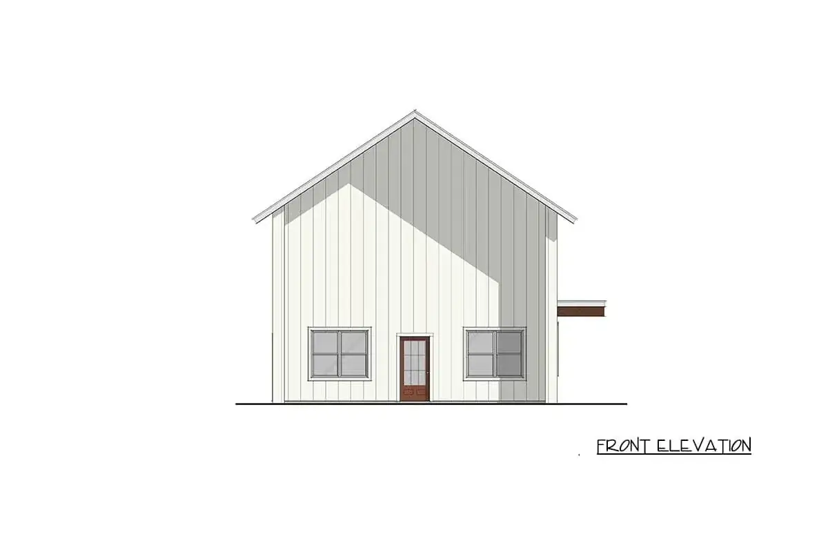 Three-quarter view emphasizing the high-pitched metal roof and barndo proportions