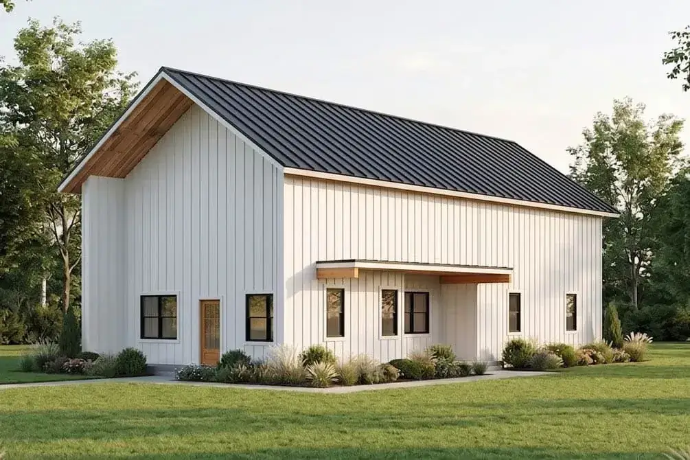 Evening render with warm window glow and timber-framed porch