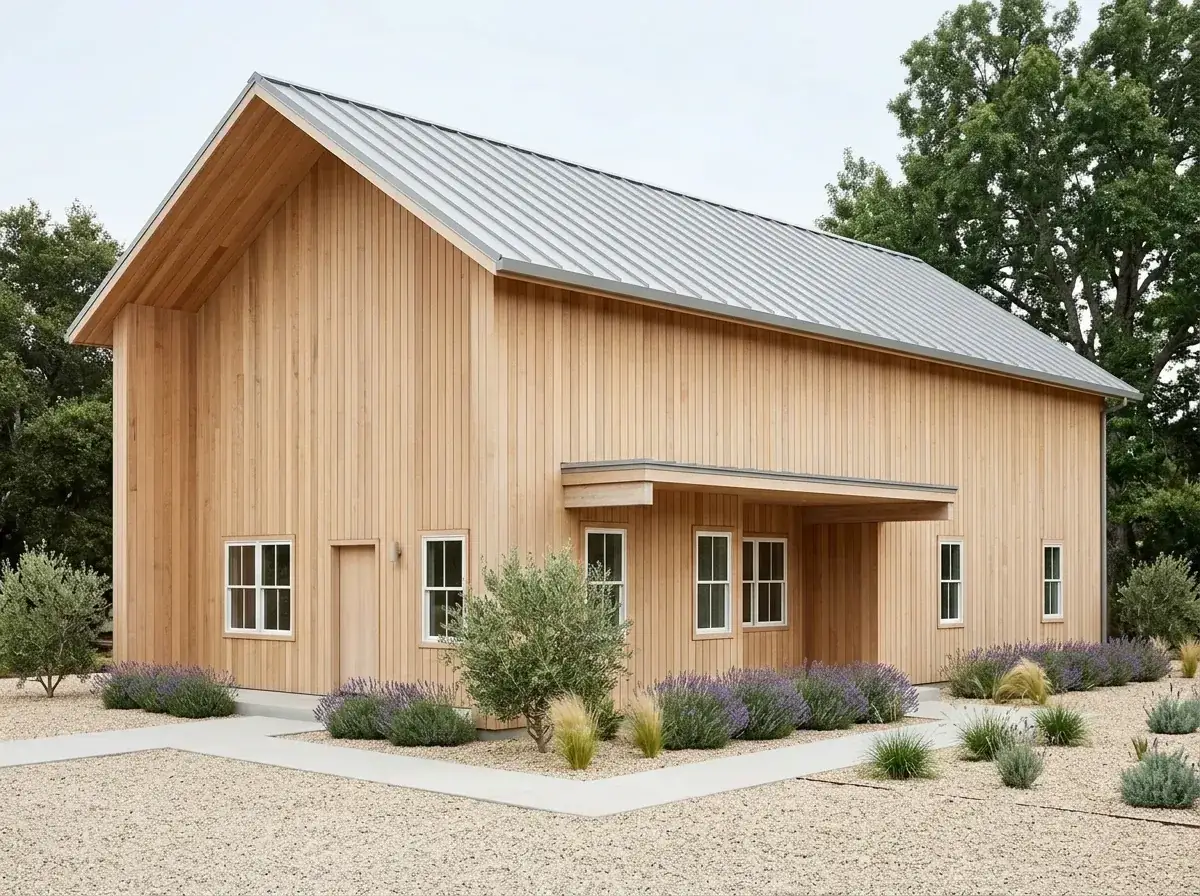 Natural wood minimalist facade with unfinished vertical wood siding, light grey metal roof, white window frames, and xeriscape landscape