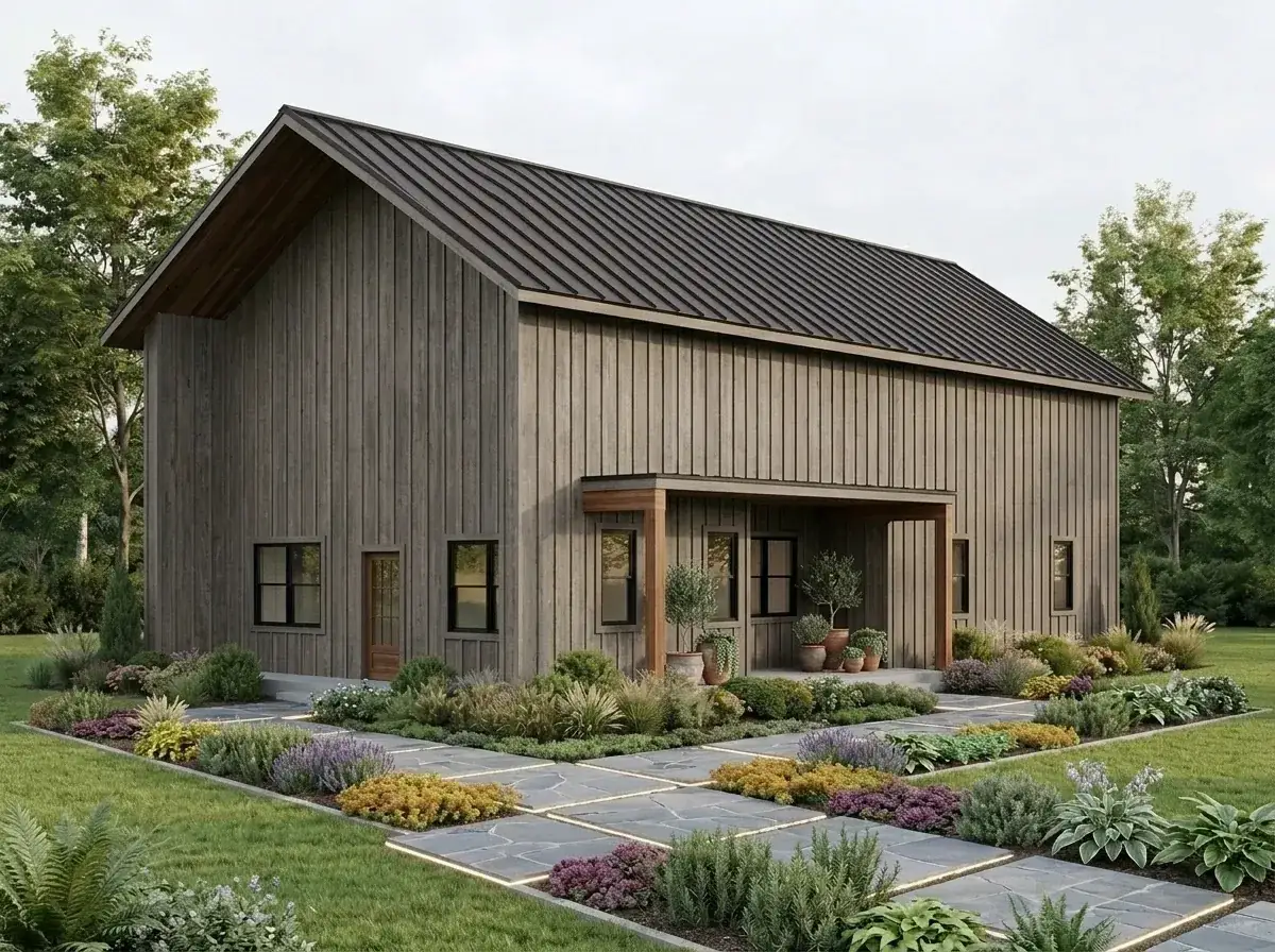 Rustic greige farmhouse facade with weathered greige vertical siding, dark metal roof, black window frames, and lush cottage landscape