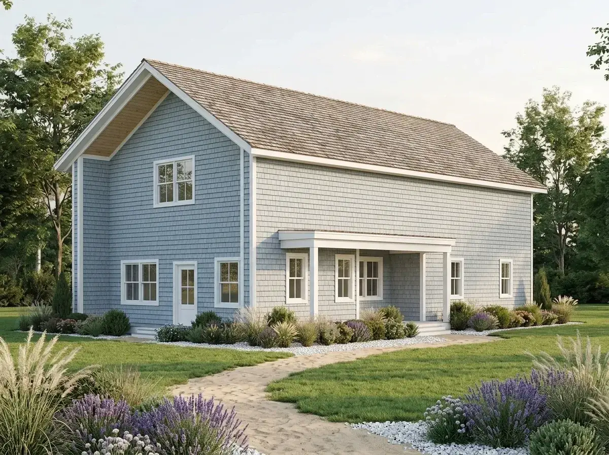 Coastal shingle facade with light blue cedar shake shingles, white trim, light grey shingle roof, and beach-inspired landscape
